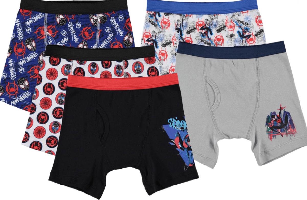 five pair of little kids boxer brief underwear with a Spider-Man theme