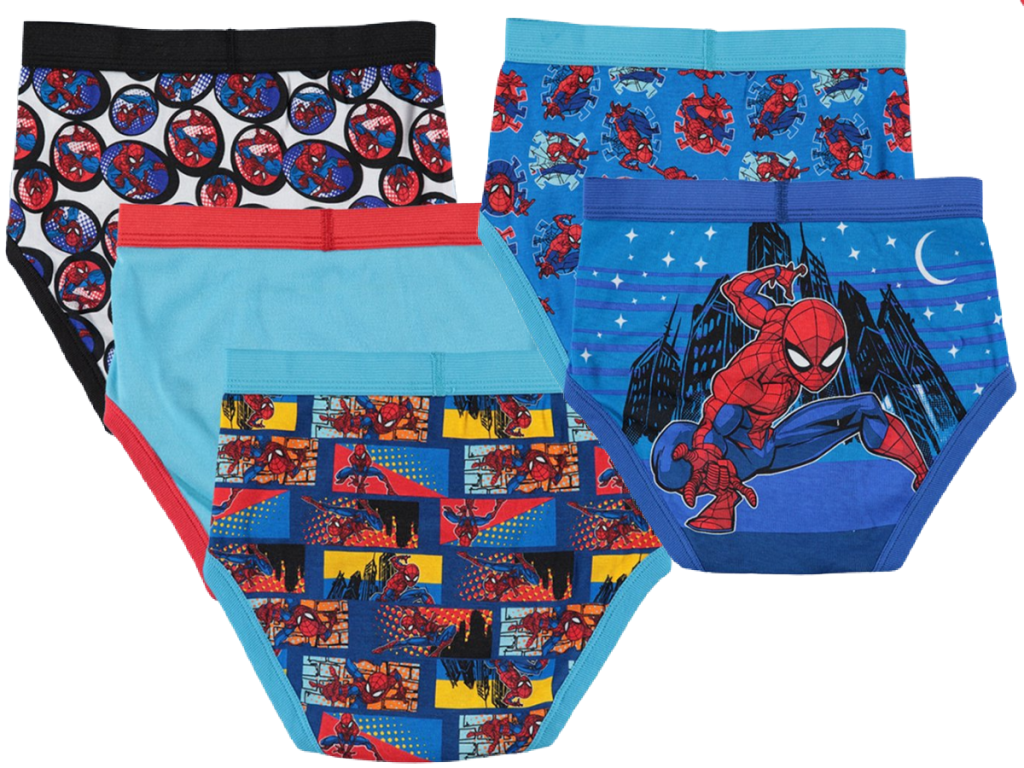 five pair of little boys underwear with Spider-Man on them