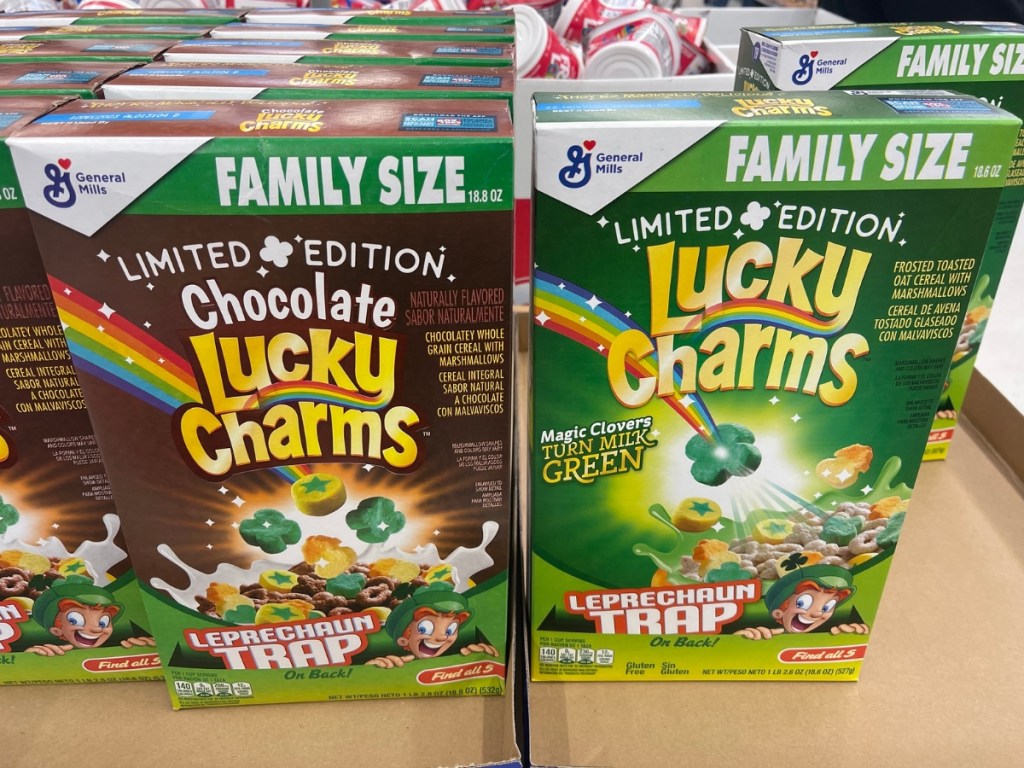 st patrick's day chocolate and regular lucky charms in store