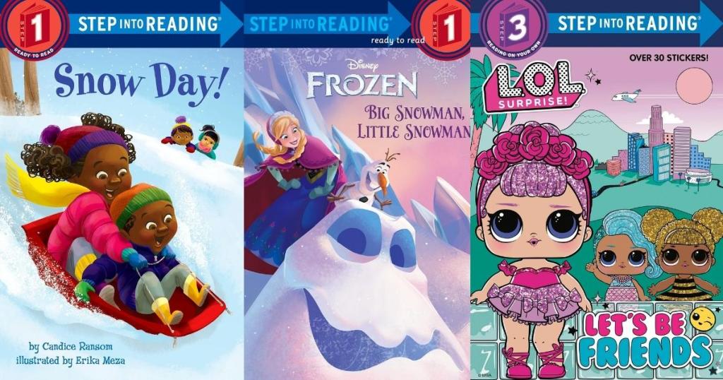step into reading books with snow day, frozen, and lol surprise covers