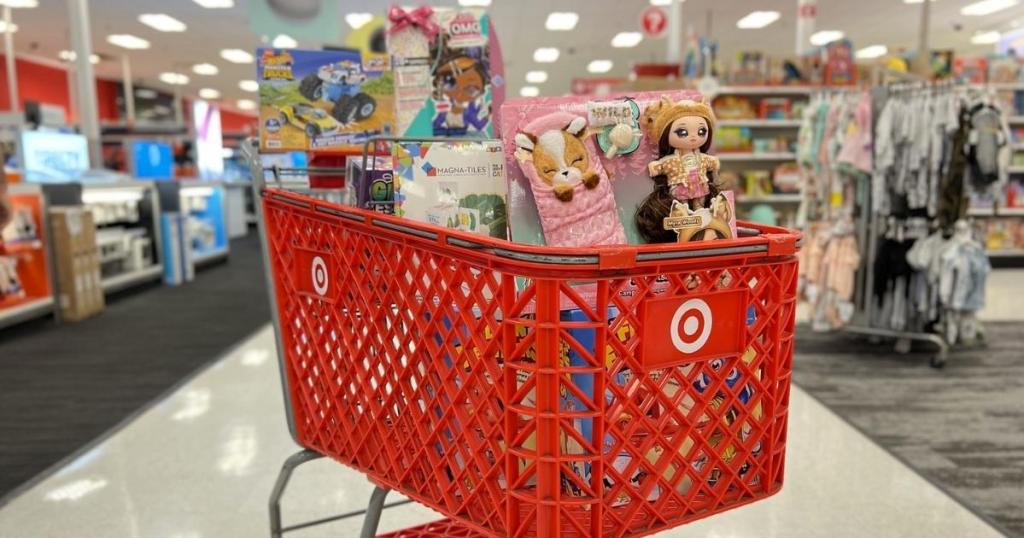 target cart full of toys in store