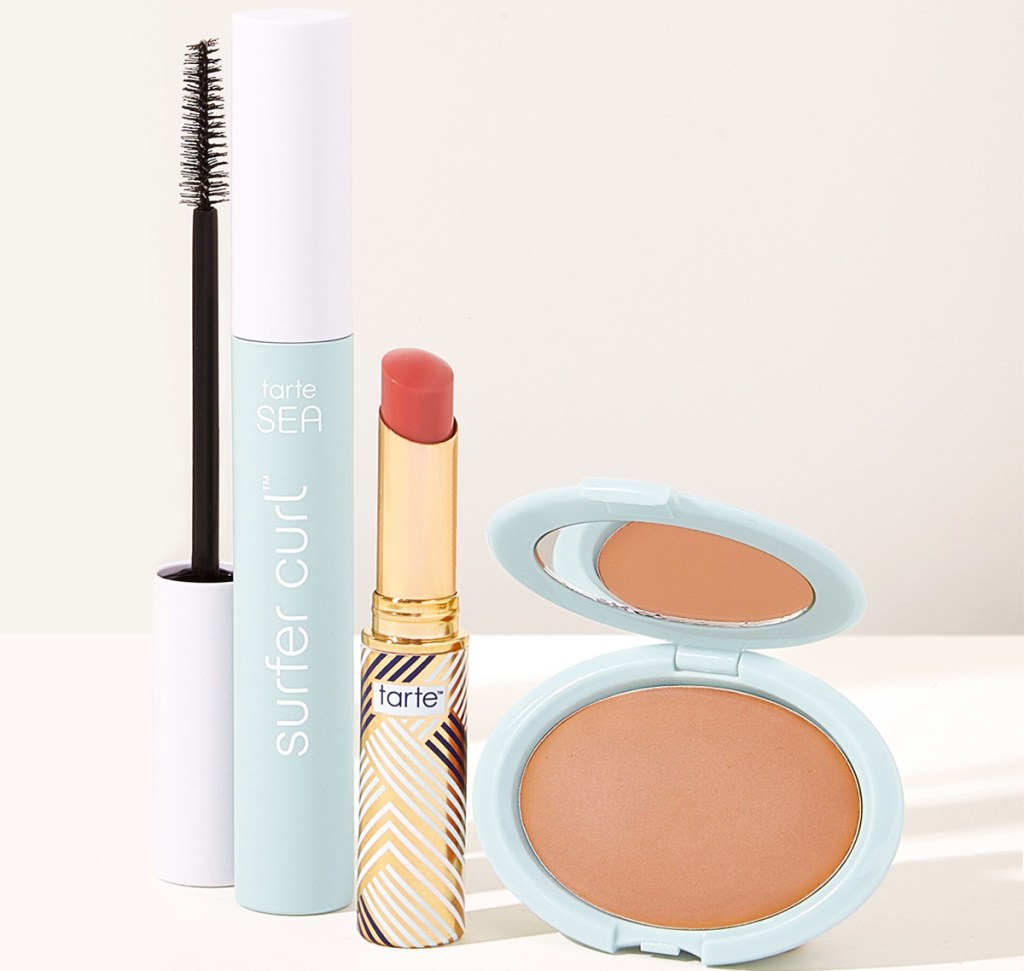 tarte bronzer, lipstick, and mascara