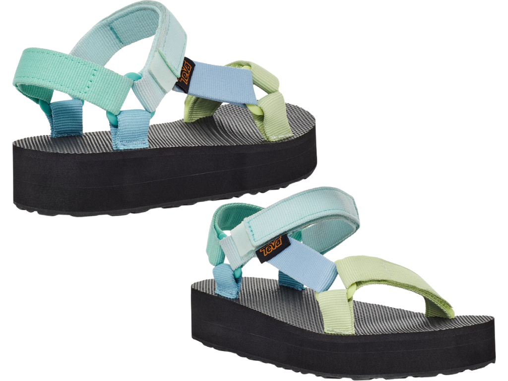 pair of multicolored sandals on white background
