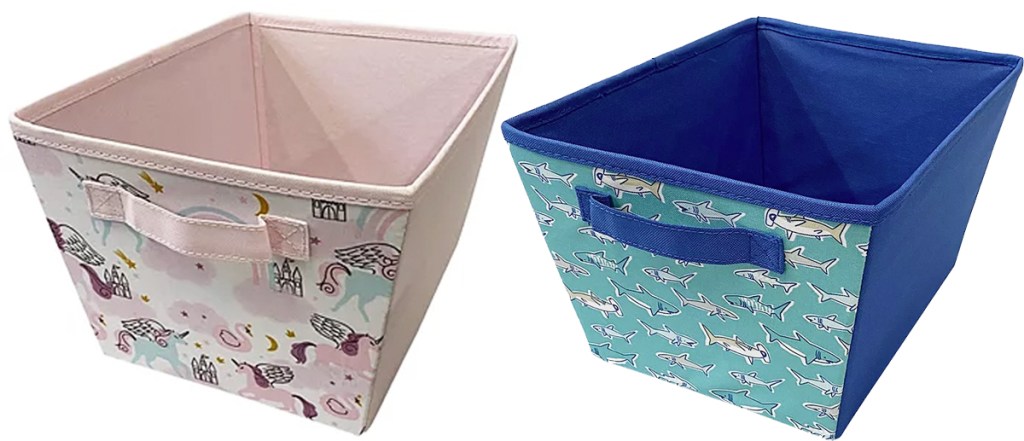 unicorn and shark print storage totes
