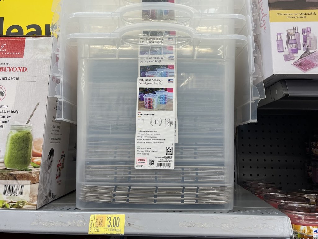 clear ornament storage boxes on store shelf