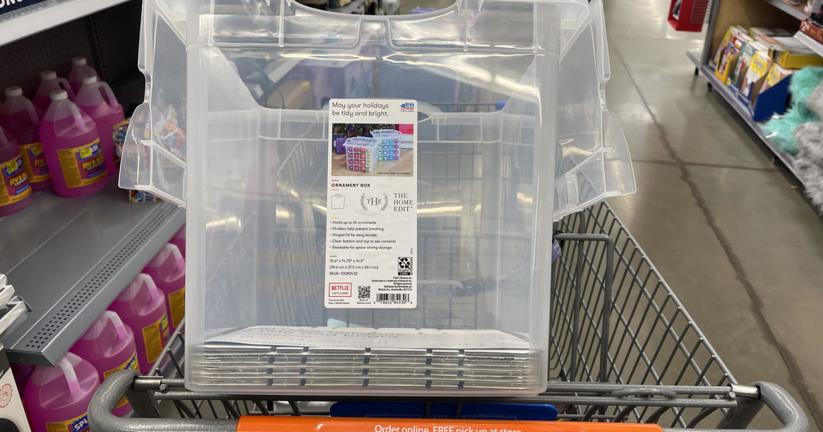 clear ornament storage box in store cart