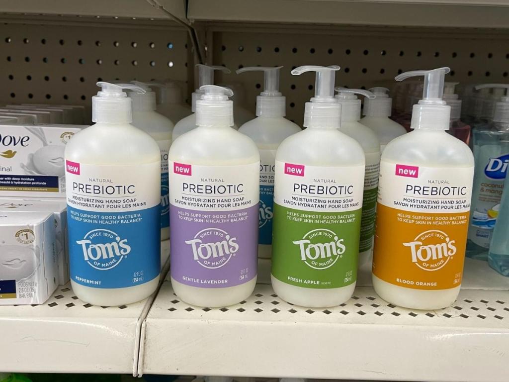 tom's of main prebiotic hand soap bottles on store shelf