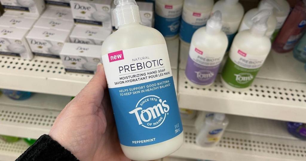 hand holding tom's of main prebiotic hand soap