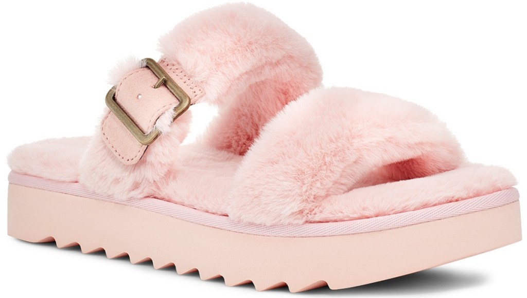 pink fuzzy slipper with buckle strap