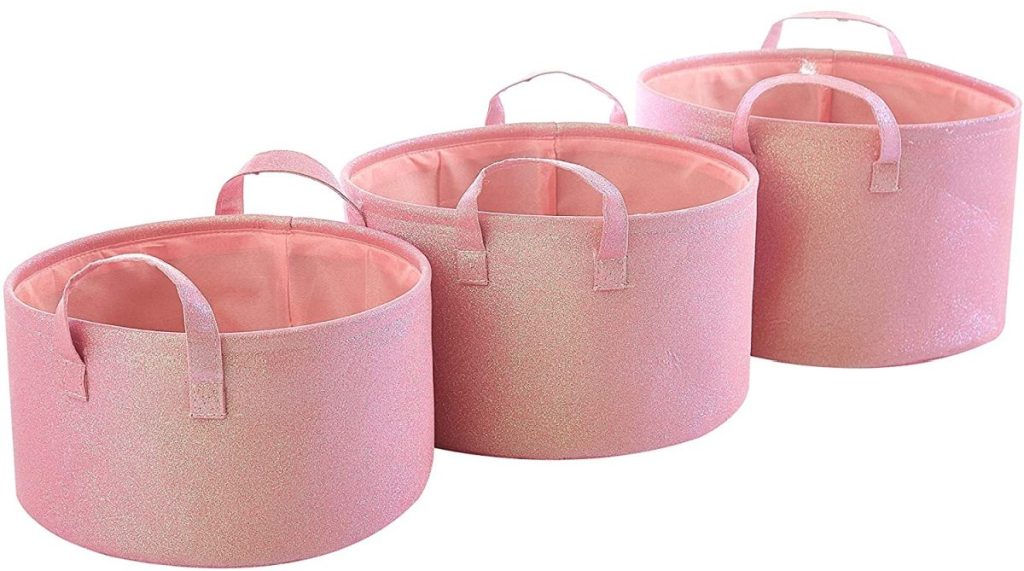 three round pink glitter storage bins