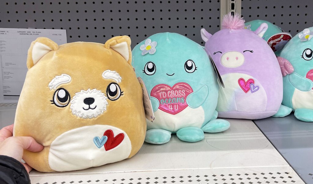 multiple valentines day squishmallows on shelf