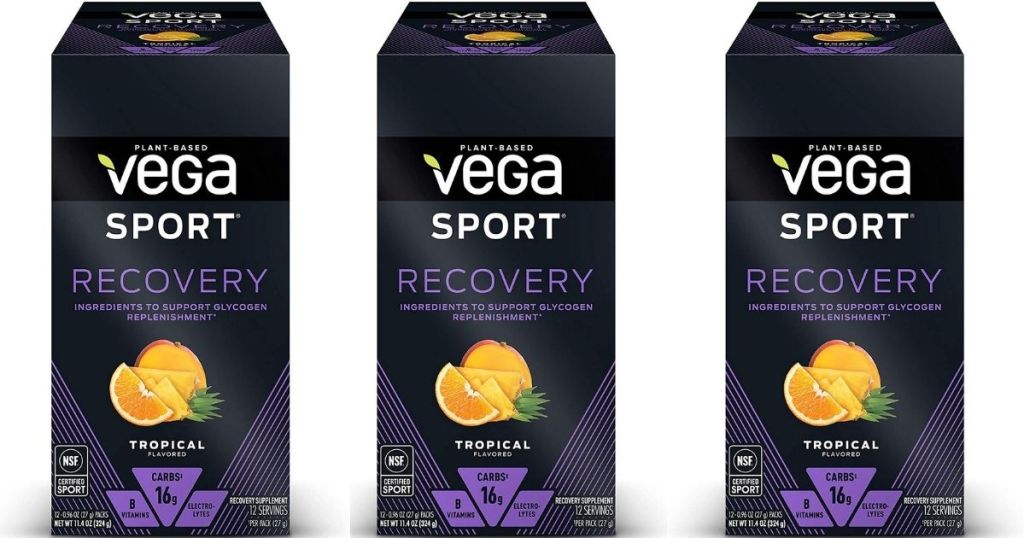 three boxes of Vega Sport Recovery Drink