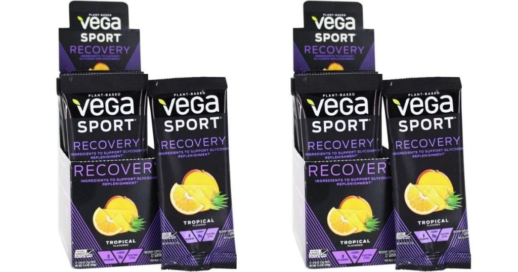 two boxes of Vega Sport Recovery Drinks