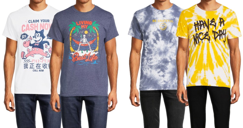 4 men modeling graphic tees