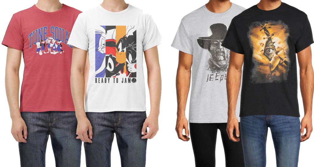 4 men modeling graphic tees