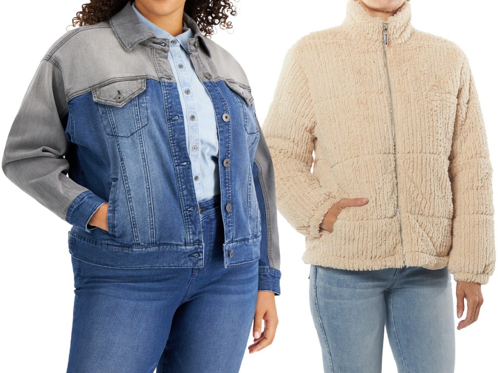 woman in denim jacket and woman in faux fur jacket