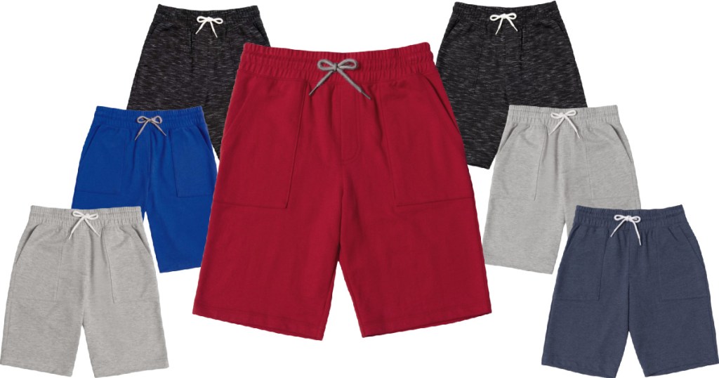 seven pairs of different colored kids terry shorts