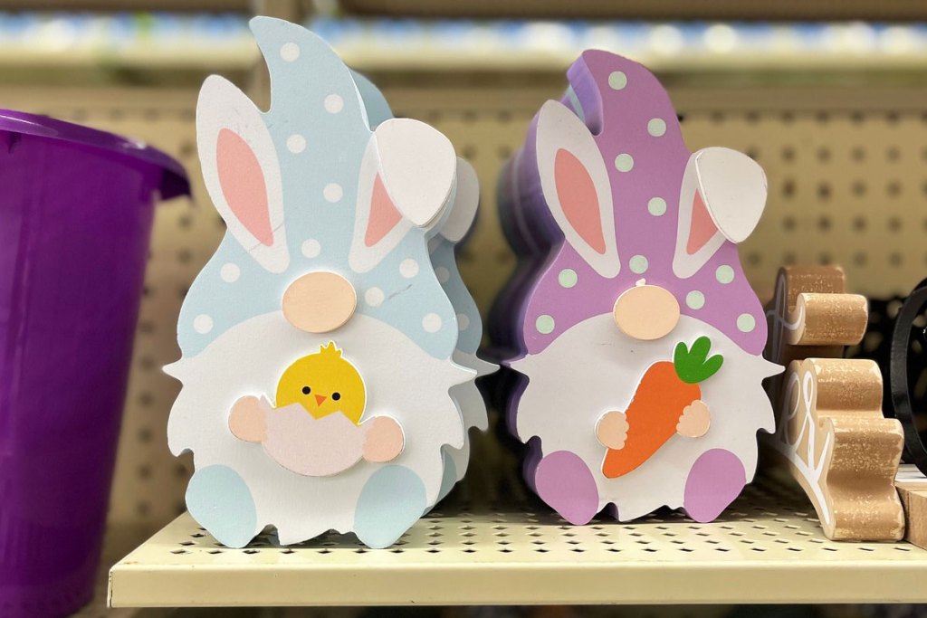 wood easter gnomes on store shelf