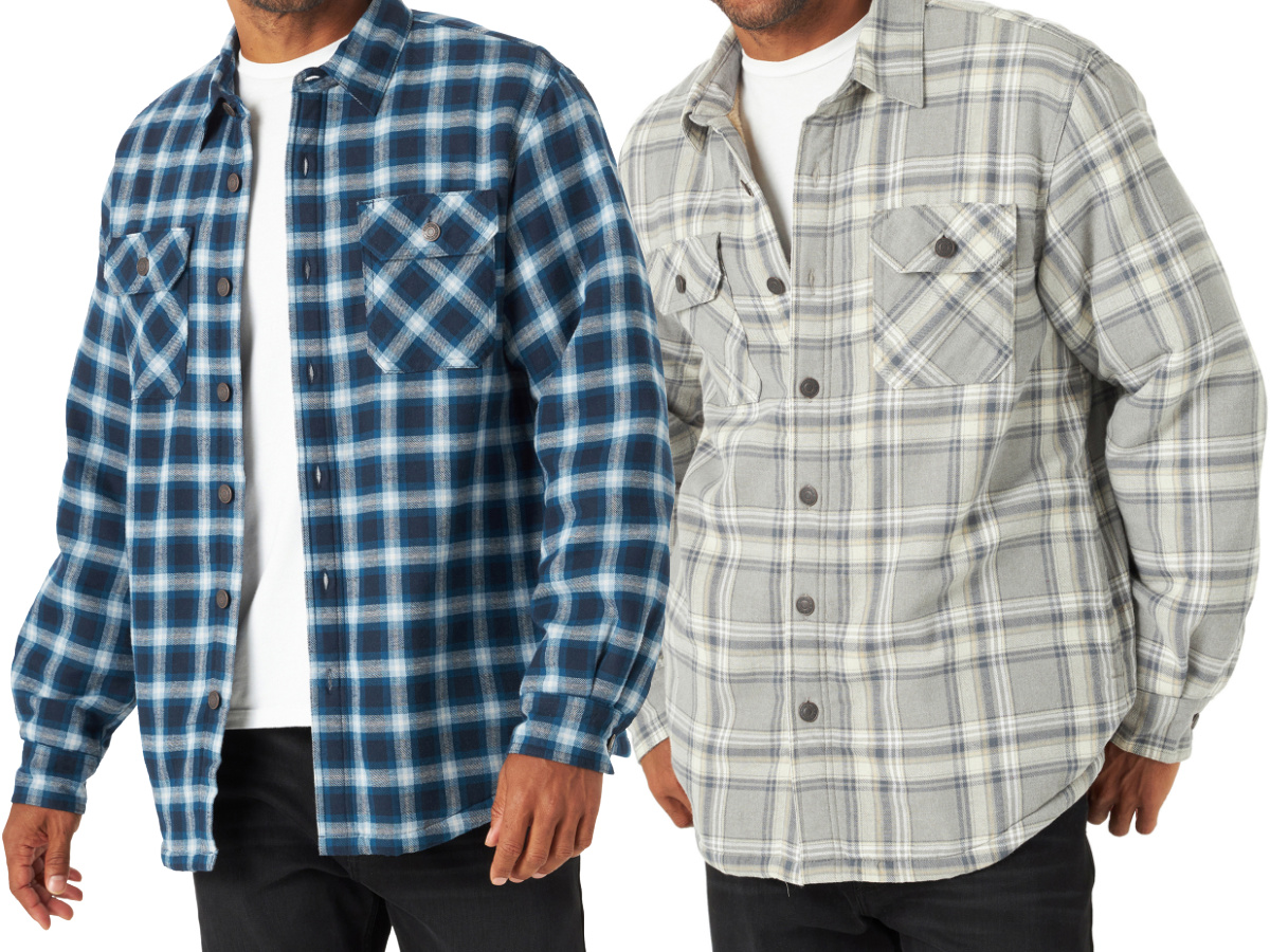 man wearing blue plaid shacket and man wearing gray plaid shacket