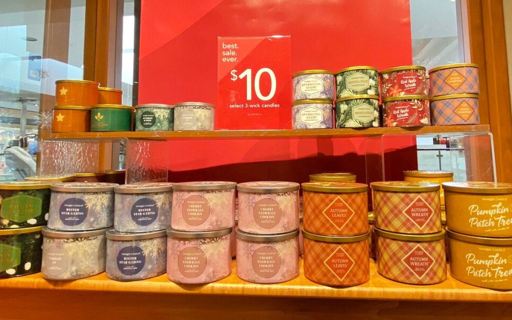 display of yankee candle 3-wick candles