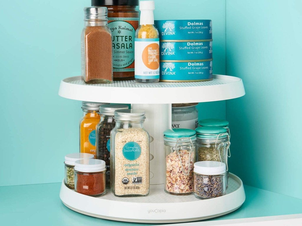 two-tier turntable with spices and other pantry staples