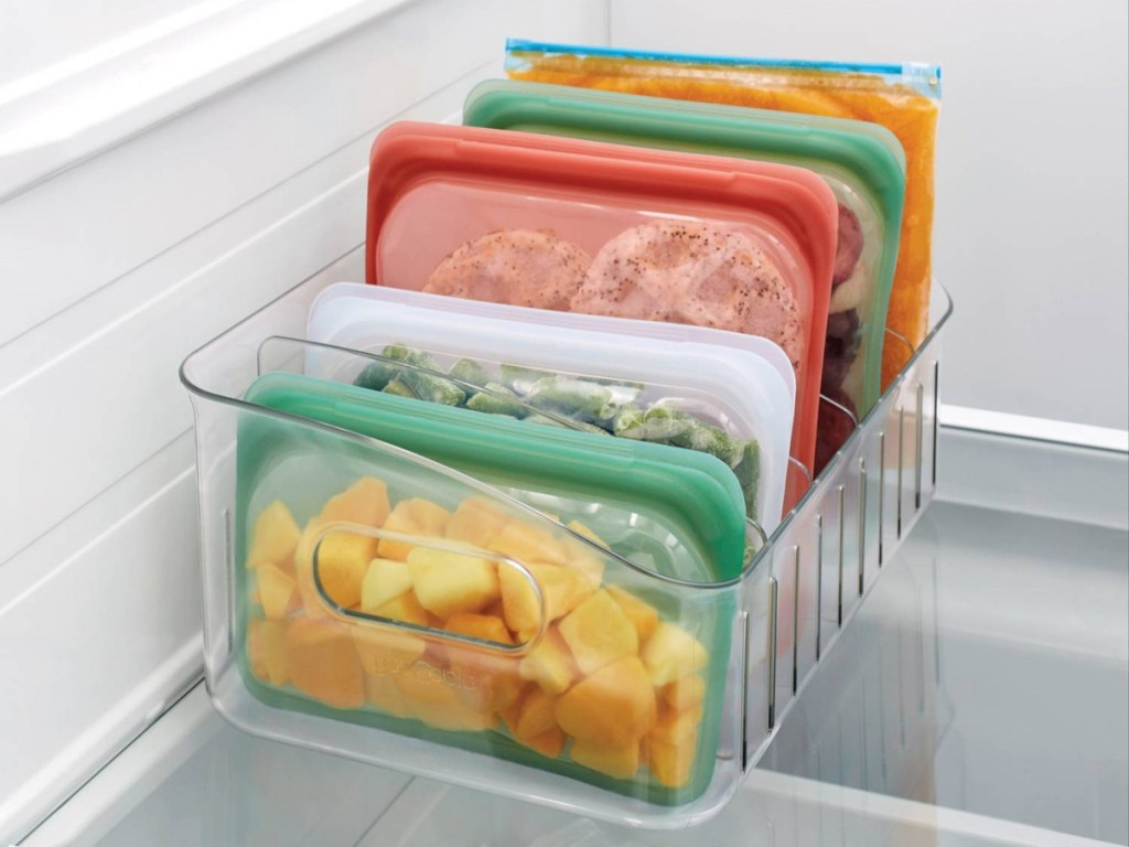 reusable food storage bags in freezer storage bin