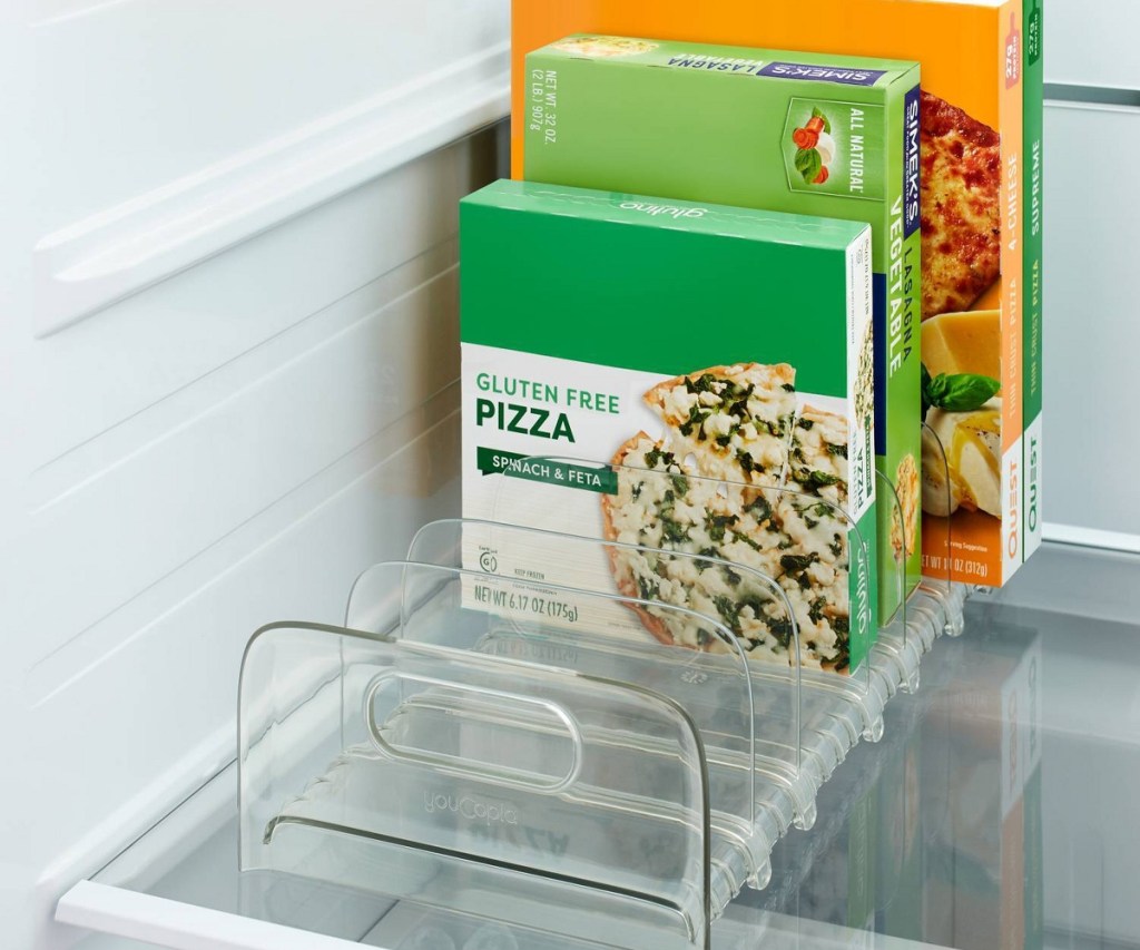 freezer items in standing rack in freezer
