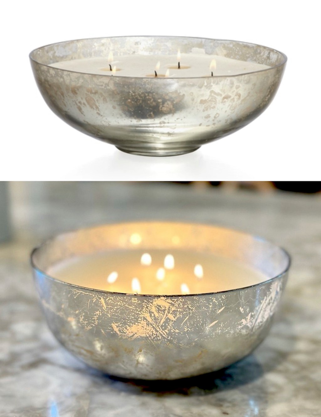comparison of two mercury glass bowl candles one on kitchen countertop