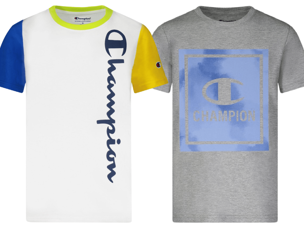 2 tee shirts with the "champion" logo on the fronts