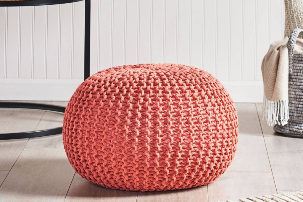 coral round knit pouf