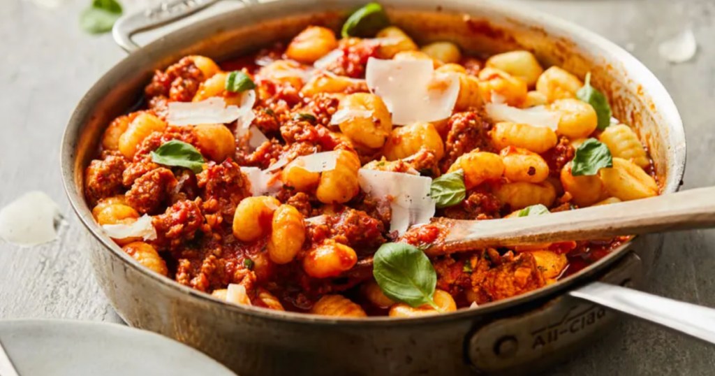 gnocchi pasta dish in pan with spoon