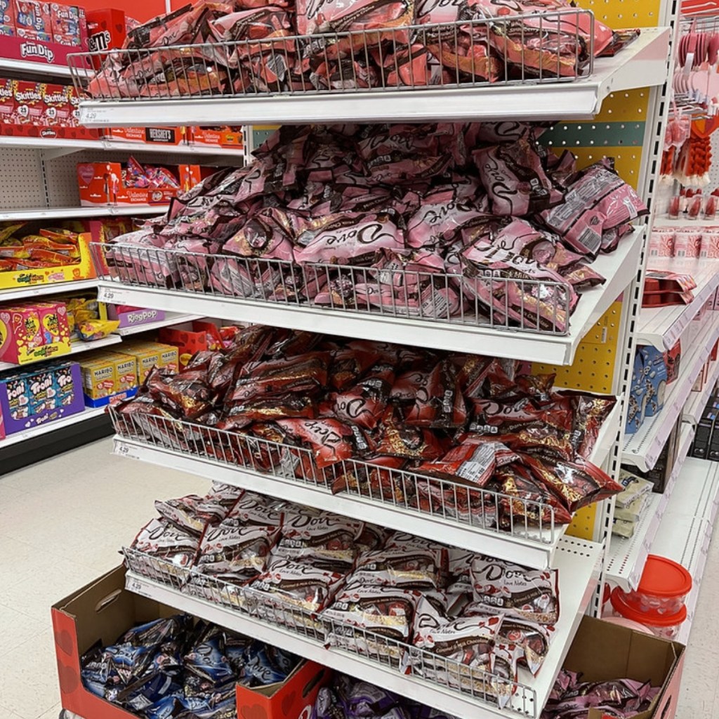 Target endcap full of Dove chocolates