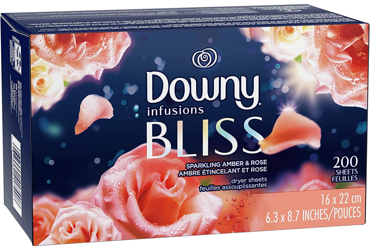 stock image of a box of downy infusions bliss dryer sheets