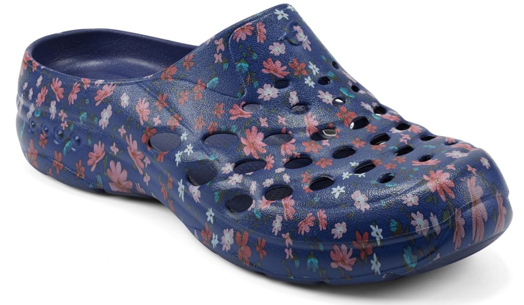 blue clogs with floral print