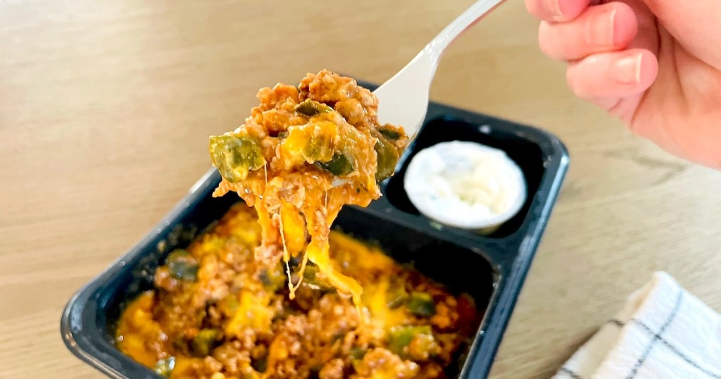 fork with hot food piled on top over factor meals