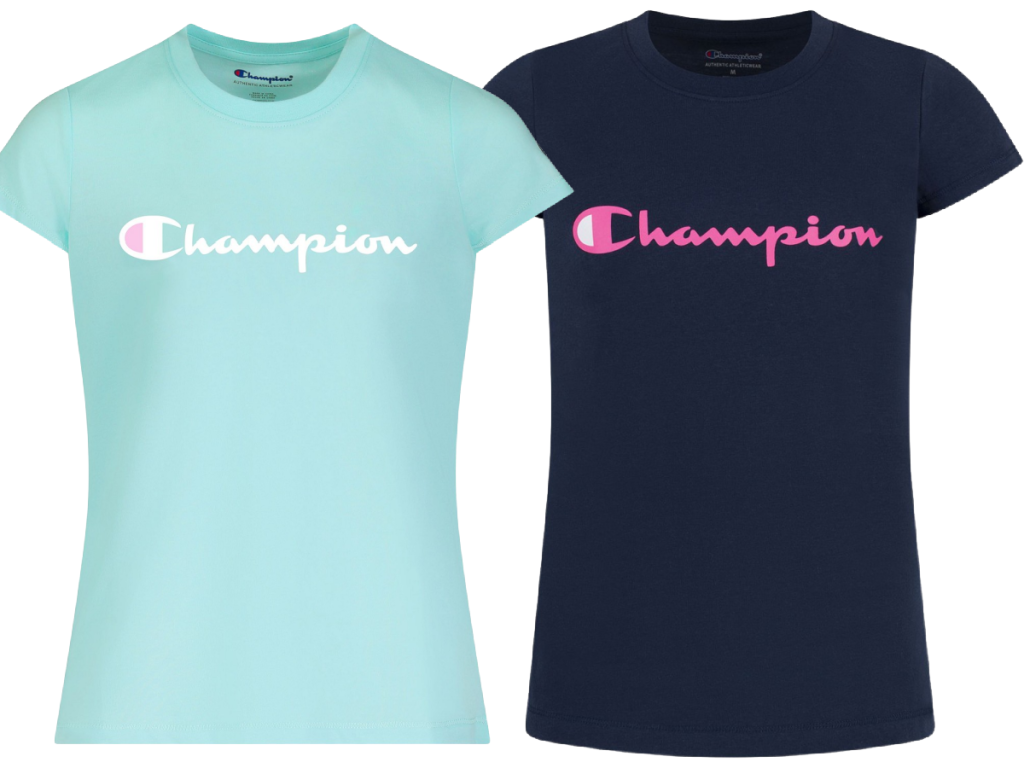 teal and black shirt with "champion" logo on front