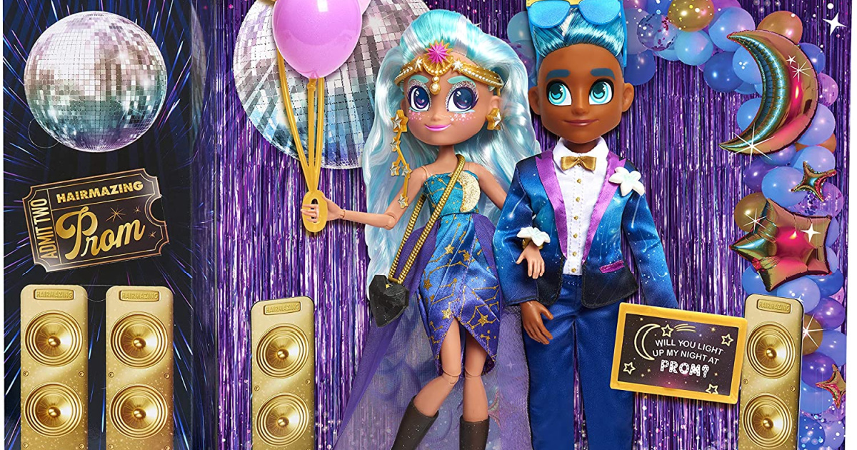 two hairdorable dolls dressed in prom clothes