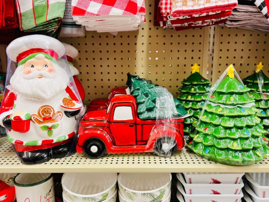 holiday ceramic cookie jars on a store shelf