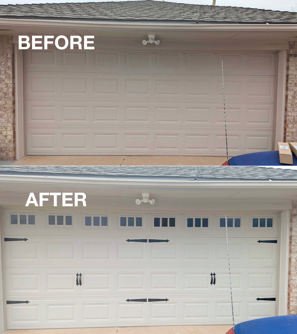 before and after of garage door with magnetic stickers