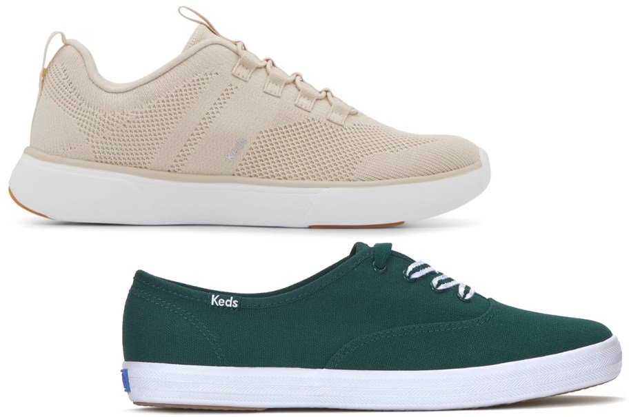 tan and green keds shoes 