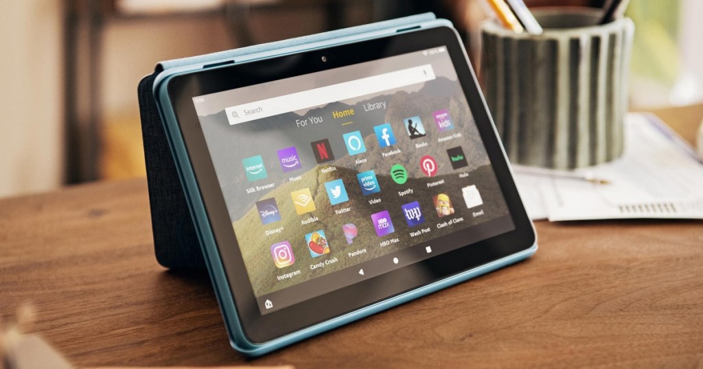 Kindle Fire propped up in landscape mode