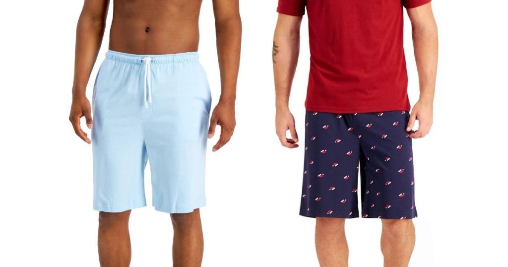 2 men wearing blue pajama shorts 