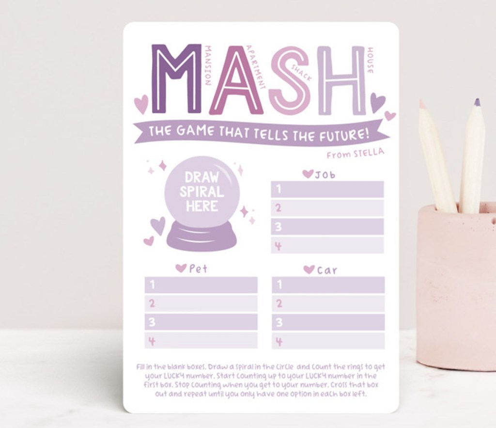 mash valentines day game card standing up on countertop