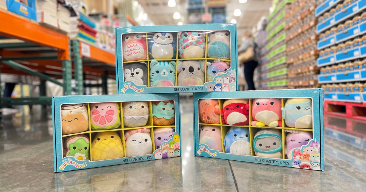 mini squishmallow sets stacked in store at costc