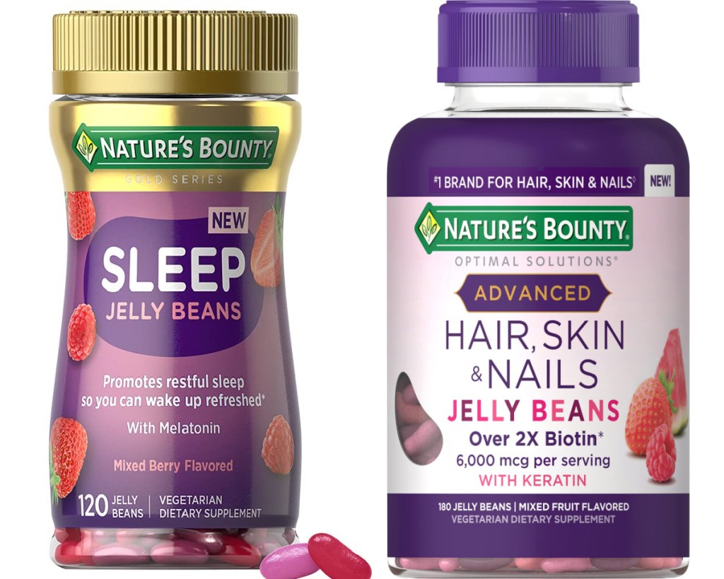 bottls of sleep aid vitamins and skin vitamins jelly beans
