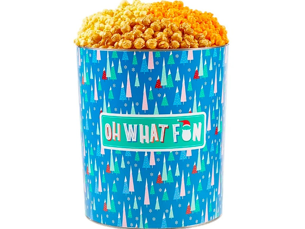 blue oh what fun popcorn factory tin