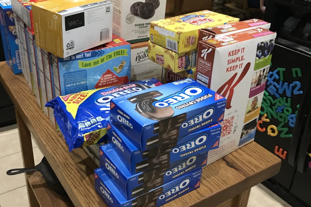 oreos and cereal boxes