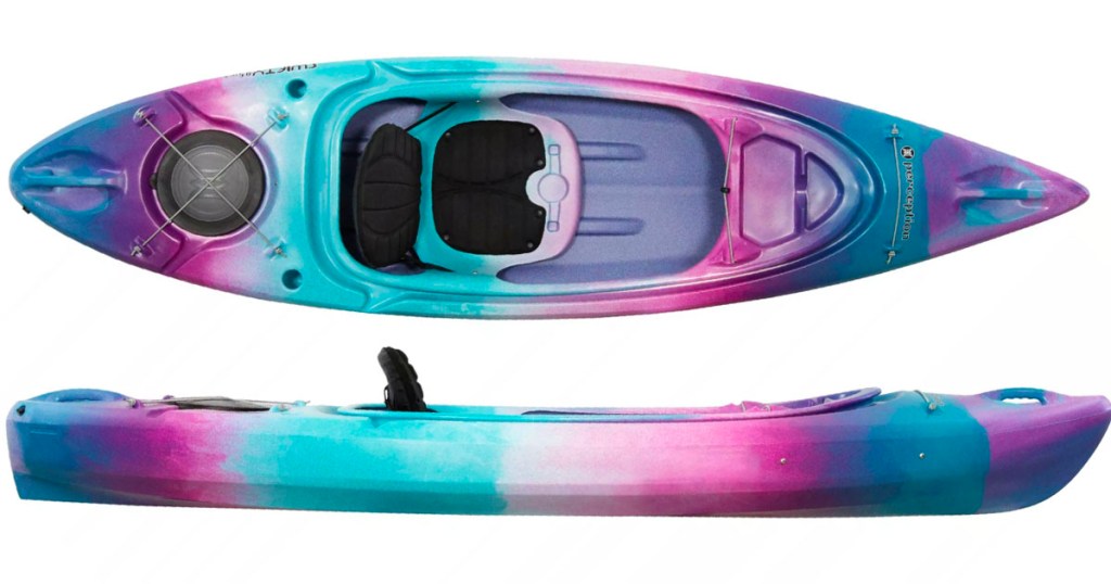light blue, purple and pink kayak side and top image