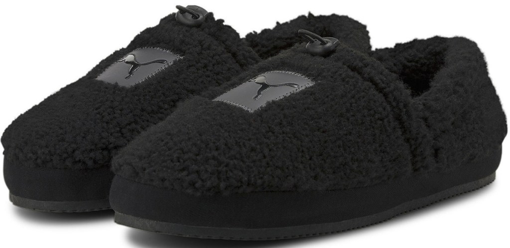 black sherpa mens slippers with Puma logo on front