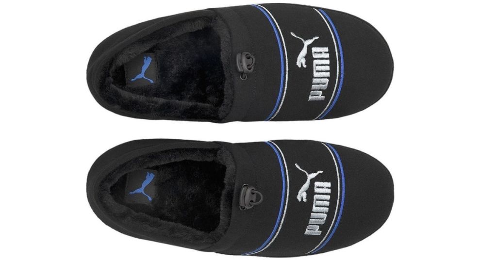 blue, black and white PUMA slippers